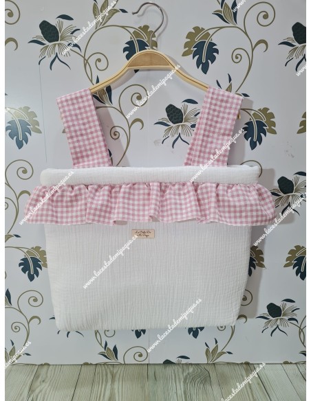 Bolso Pocket Bambula Blanca-Vichy Maquillaje Pequeño Volantito