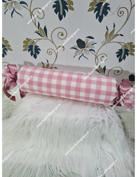 Cojín antivuelco o caramelo Vichy rosa maquillaje cuadro mediano con lazos de raso a juego