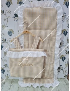 Bolso y Funda Universal Vichy beige pequeño combi bambula blanca Volante 2