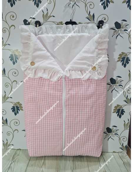 Saco Universal Capazo Vichy Rosa Cuadros Pequeño y volante Plumeti blanco