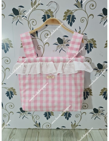 Bolso Pocket cremallera Vichy Rosa Cuadros-M Volante Bambula Blanco