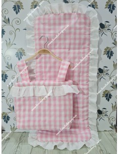 Bolso pocket volante cremallera  y Funda Universal volante alrededor Vichy Rosa cuadro Mediano Combi bambula blanca