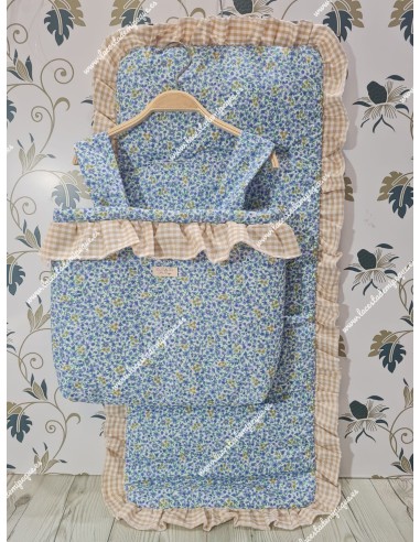 Bolso Cremallera y Funda Universal Flores Azules y Amarillas Combi Vichy Beige Cuadros-P Volante
