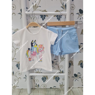 Conjunto Short Bluey Unicornio Blanco-Celeste