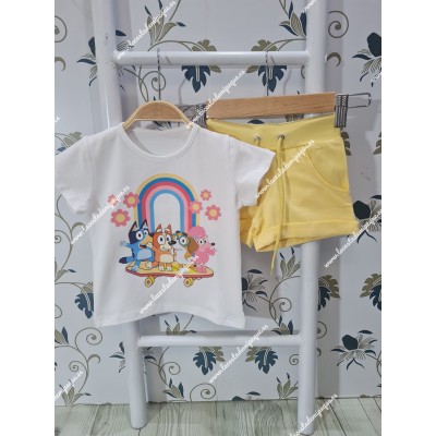 Conjunto Short Bluey Arco Iris Blanco-Amarillo