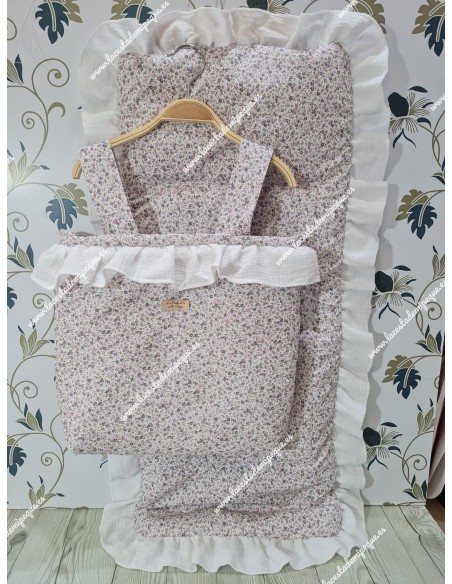 Bolso Cremallera y Funda Universal Flores Morado y Gris Combi Bambula Blanca Volante
