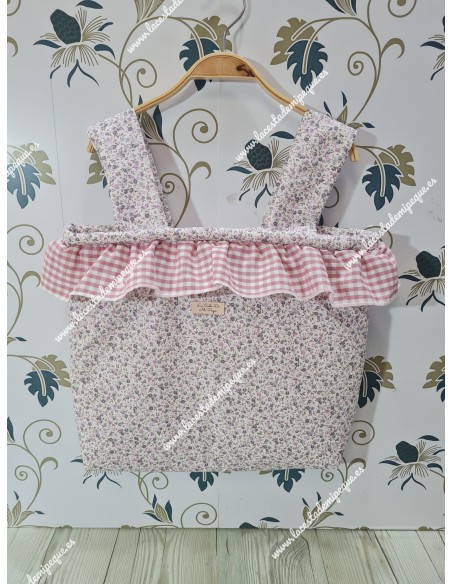 Bolso Pocket Cremallera Flores Morado y Gris Volante Vichy Maquillaje-P