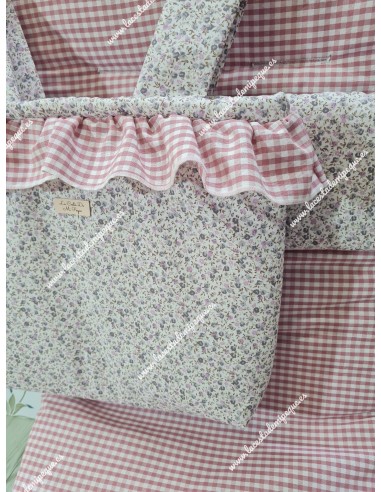 Bolso Pocket Cremallera Flores Morado y Gris Volante Vichy Maquillaje-P