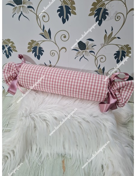 Cojín antivuelco o caramelo Vichy rosa maquillaje cuadro pequeño con lazos de raso a juego