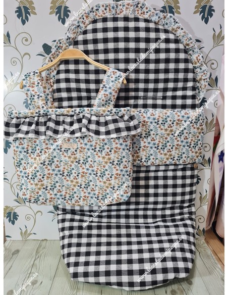 Pack Bolso y Saco Universal Vichy Negro Cuadros-M Combi Flores Otoñales Celeste