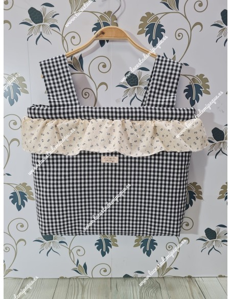 Bolso Pocket cremallera Vichy Negro cuadro pequeño Pequeño Volantito flores negras sobre fondo beige