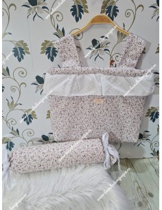 Cojín antivuelco o caramelo Flores Morado y Gris Lazos Plumeti Blanco 2