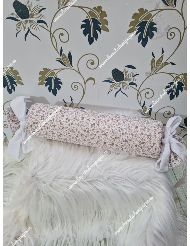 Cojín antivuelco o caramelo Flores Morado y Gris Lazos Plumeti Blanco