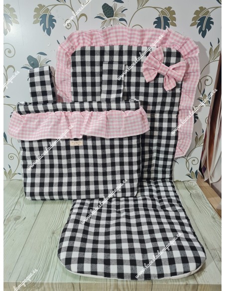 Bolso y Funda Universal Vichy Negro Med Combi Rosa Lazo