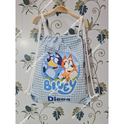 Mochila Tipo Talega Vichy Celeste Cuadros-P Bluey