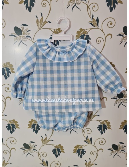 Conjunto Blusa y Pololo Vichy Celeste Cuadros-M