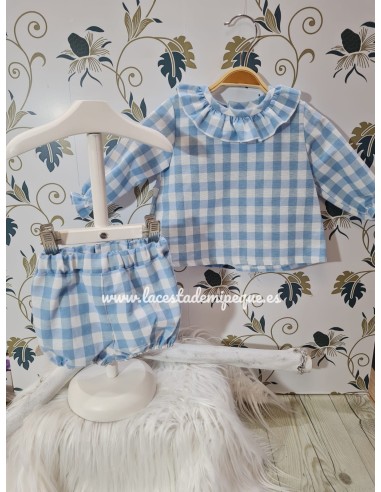 Conjunto Blusa y Pololo Vichy Celeste Cuadros-M