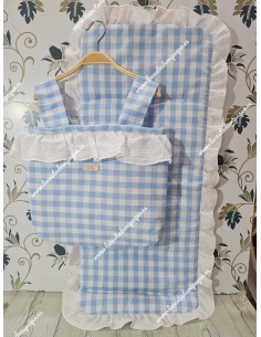 Bolso pocket volante y Funda Universal volante alrededor en Vichy Celeste cuadro Mediano combi bambula blanca