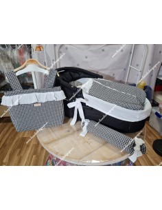 Pack Bolso, Cubrecapazo, Cojín y Saco Vichy Negro Cuadros-P Combi Bambula
