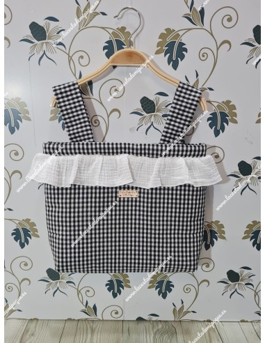 Pack Bolso, Cubrecapazo, Cojín y Saco Vichy Negro Cuadros-P Combi Bambula