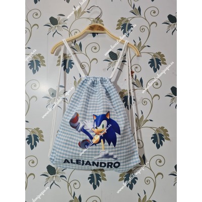 Mochila Tipo Talega Vichy Celeste Cuadros-P Sonic