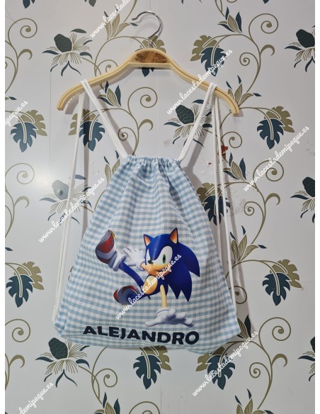 Mochila Tipo Talega Vichy Celeste Cuadros Pequeños