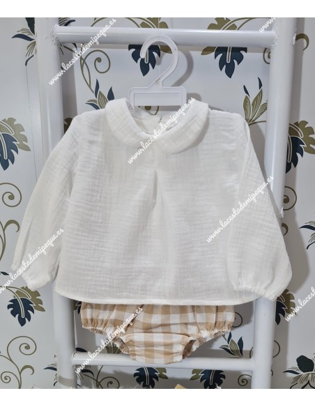 Conjunto Blusa Bambula y Pololo Vichy Beige Cuadros-M
