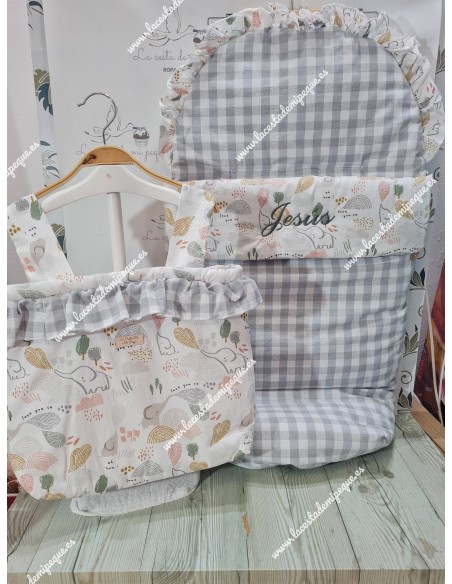 Pack Bolso y Saco Universal Vichy Gris Cuadros-M Combi Elefantes