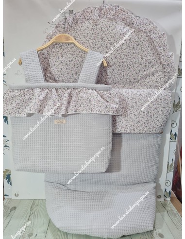 Pack Bolso y Saco Universal Waffle Gris Combi Flores Morado y Gris