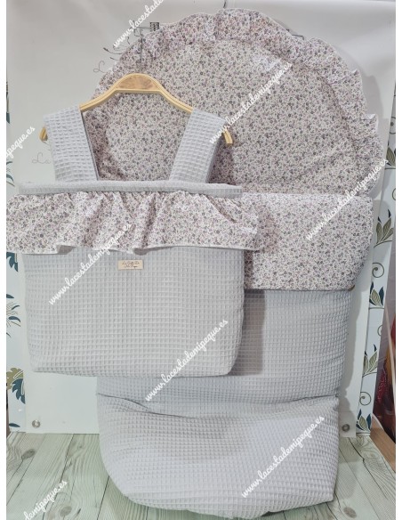 Pack Bolso y Saco Universal Waffle Gris Combi Flores Morado y Gris