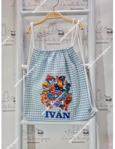 Mochila Tipo Talega Vichy Celeste Cuadros Pequeños