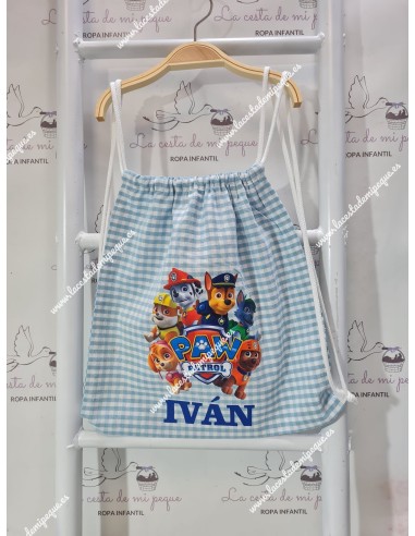Mochila Tipo Talega Vichy Celeste Cuadros Pequeños