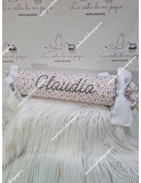 Cojín antivuelco o caramelo Flores Morado y Gris Lazos Plumeti Blanco