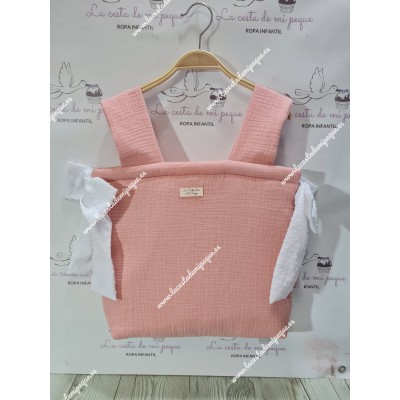 Bolso Pocket Cremallera Bambula Rosa Lazos Plumeti Blanco