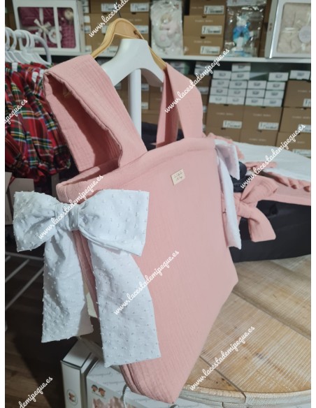 Bolso Pocket Cremallera Bambula Rosa Lazos Plumeti Blanco