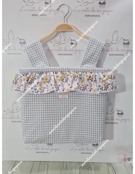 Bolso Pocket Cremallera Vichy Gris Cuadros-P Volante Flores Otoñales Rosa