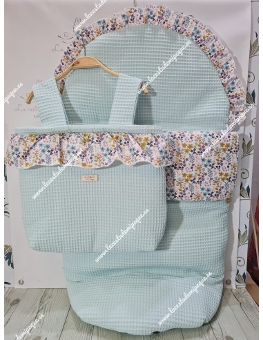 Pack Bolso y Saco Universal Waffle Verde Agua Combi Flores Otoñales-R