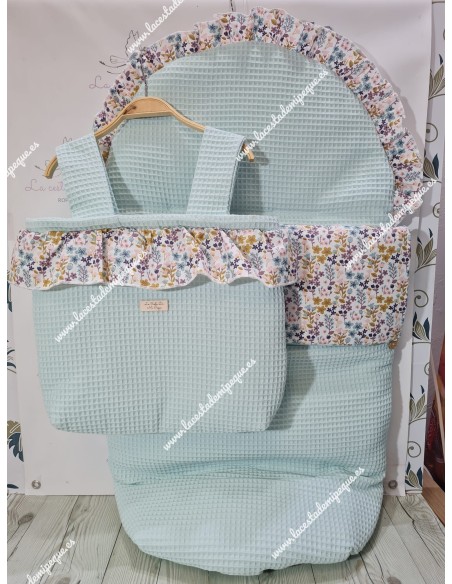 Pack Bolso y Saco Universal Waffle Verde Agua Combi Flores Otoñales-R