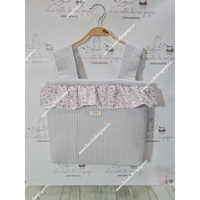 Bolso Pocket Cremallera Waffle Gris Volante Flores Morado...