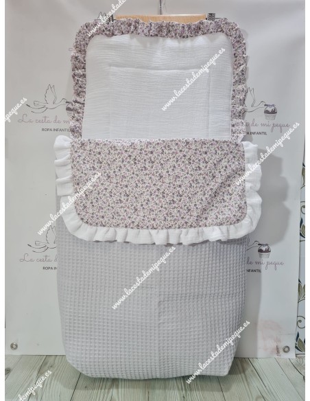 Saco Capazo Desmontable Waffle Gris, Flores Morado y Bambula Blanca