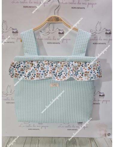 Pack Bolso, Cubrecapazo, Cojín Antivuelco y Saco Waffle Verde Agua Combi Flores Otoñales-C