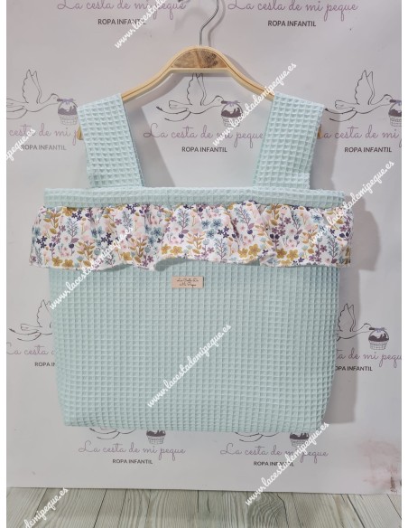 Bolso Pocket Cremallera Waffle Verde Agua Volante Flores Otoñales Rosa
