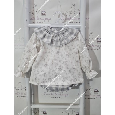 Blusa Punto Conejitos Cuello Volante Vichy Gris-M con...