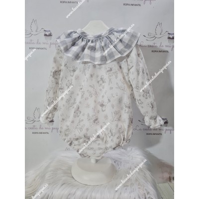 Pelele Punto Conejitos Cuello Volante Vichy Gris-M