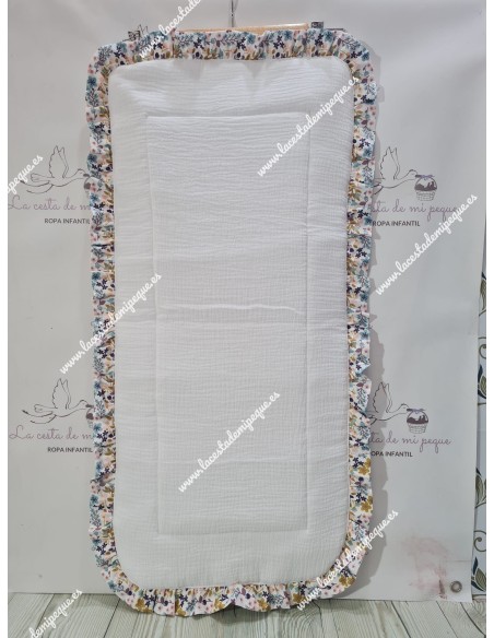Colchoneta Capazo Universal Bambula Blanca Volante Flores Otoñales-R