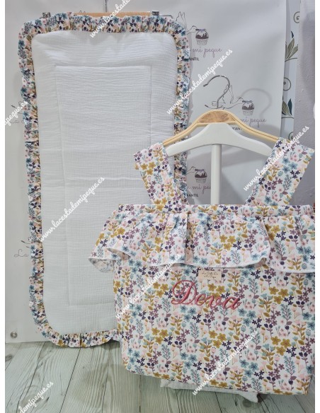 Colchoneta Capazo Universal Bambula Blanca Volante Flores Otoñales-R