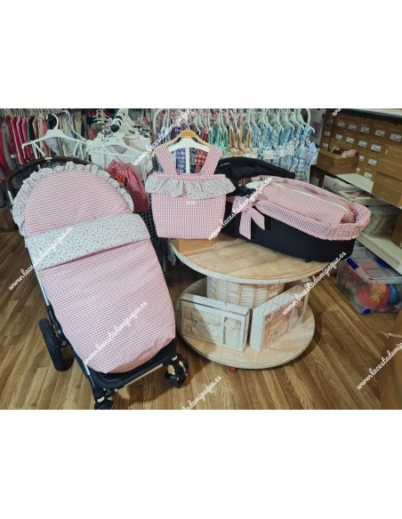 Saco Universal Capazo Vichy Maquillaje Cuadros-P Volante Flores Morado y Gris e interior de coralina