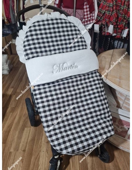 Pack Bolso y Saco Universal Vichy Negro Cuadros-M Combi Bambula Blanca