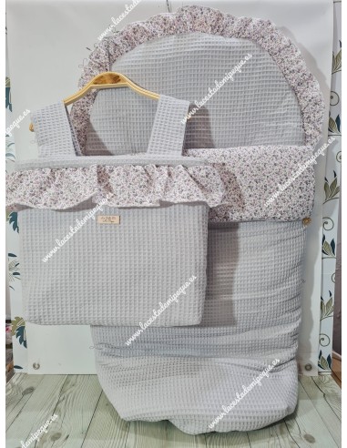 Pack Bolso y Saco Universal Waffle Gris Combi Flores Morado y Gris
