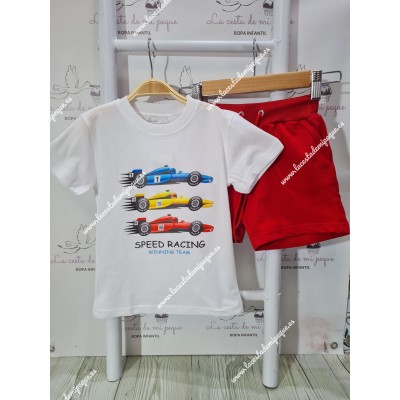 Conjunto Bermuda Coches Blanco-Rojo